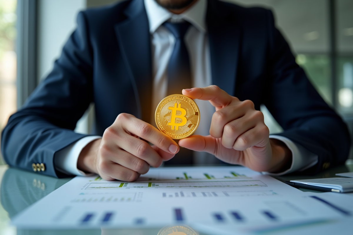 Professionnel tenant un bitcoin lumineux dans un bureau moderne