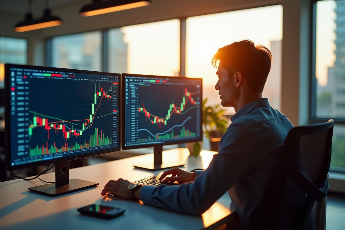 Jeune professionnel travaillant sur des écrans de crypto en matinée