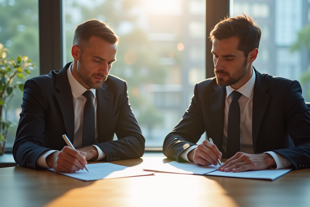 Deux professionnels examinant un contrat d'assurance au bureau