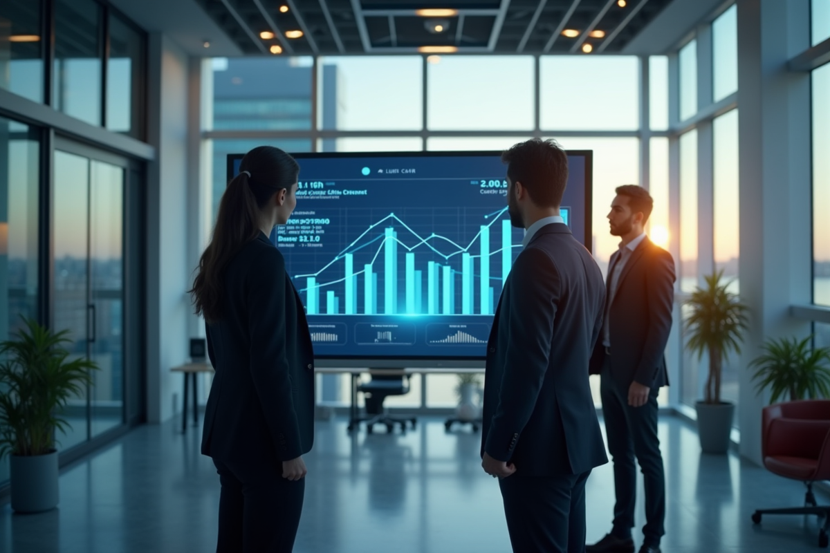 Trois professionnels en réunion avec graphique digital pour l article