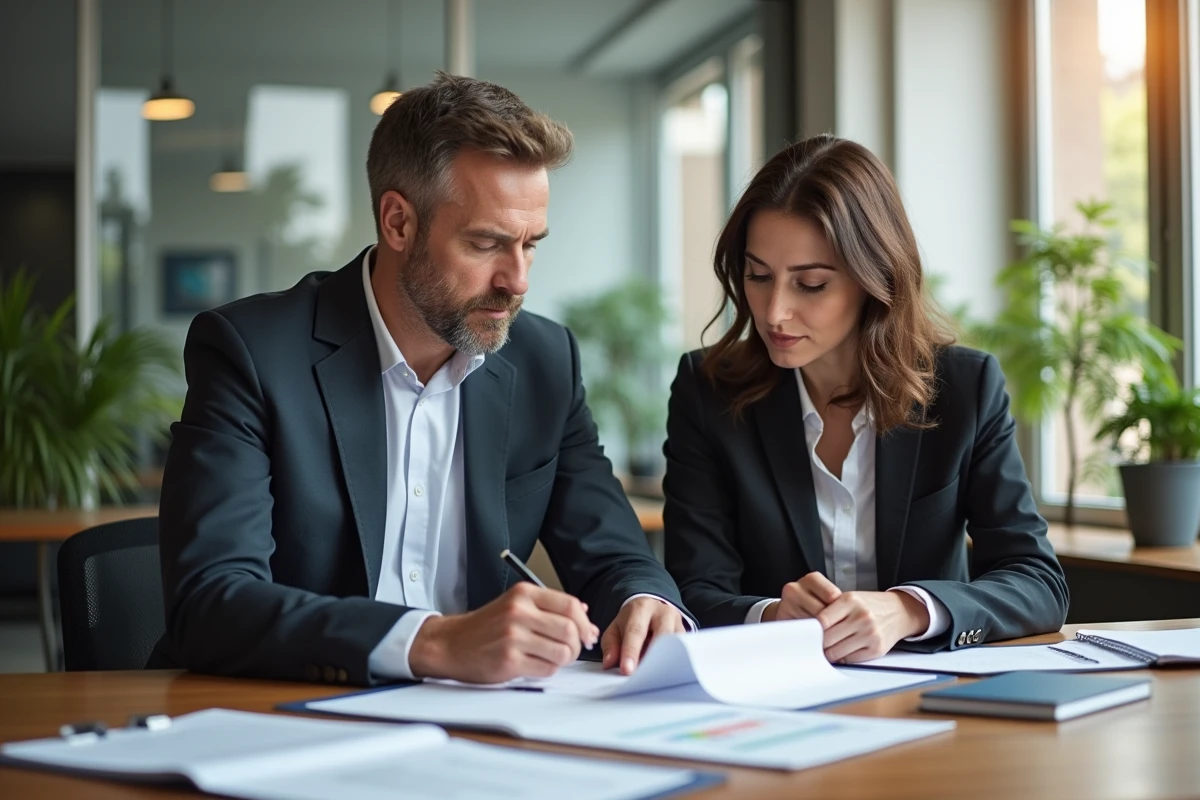 Homme et femme d'affaires examinant des documents immobiliers