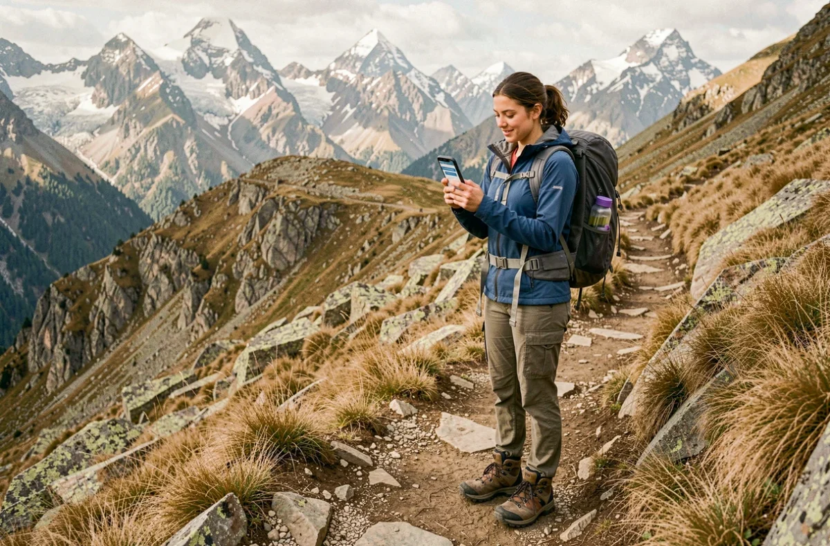 Randonneuse en montagne vérifiant son application d'assurance voyage ATE sur smartphone