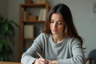 Femme rédigeant une lettre de résiliation de crédit renouvelable à son bureau avec un stylo et un contrat imprimé