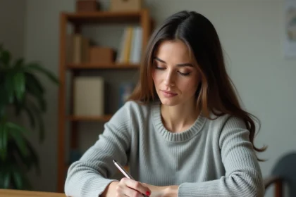Femme rédigeant une lettre de résiliation de crédit renouvelable à son bureau avec un stylo et un contrat imprimé
