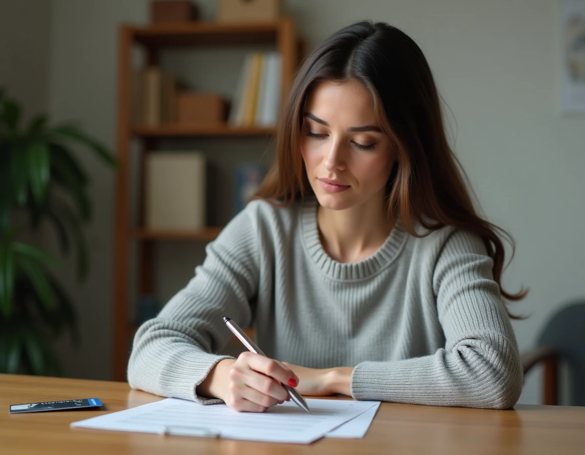 Femme rédigeant une lettre de résiliation de crédit renouvelable à son bureau avec un stylo et un contrat imprimé