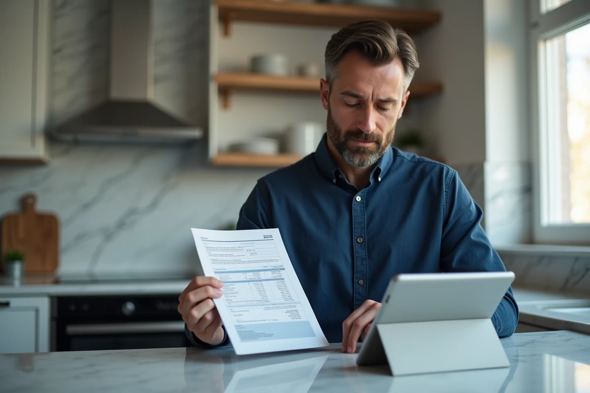 Homme vérifiant un relevé de compte Crédit Agricole imprimé au format PDF avec une tablette en cuisine