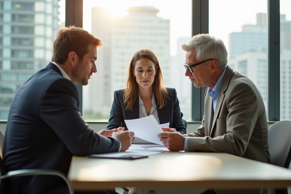 Couple professionnel rencontrant un conseiller financier dans un bureau lumineux