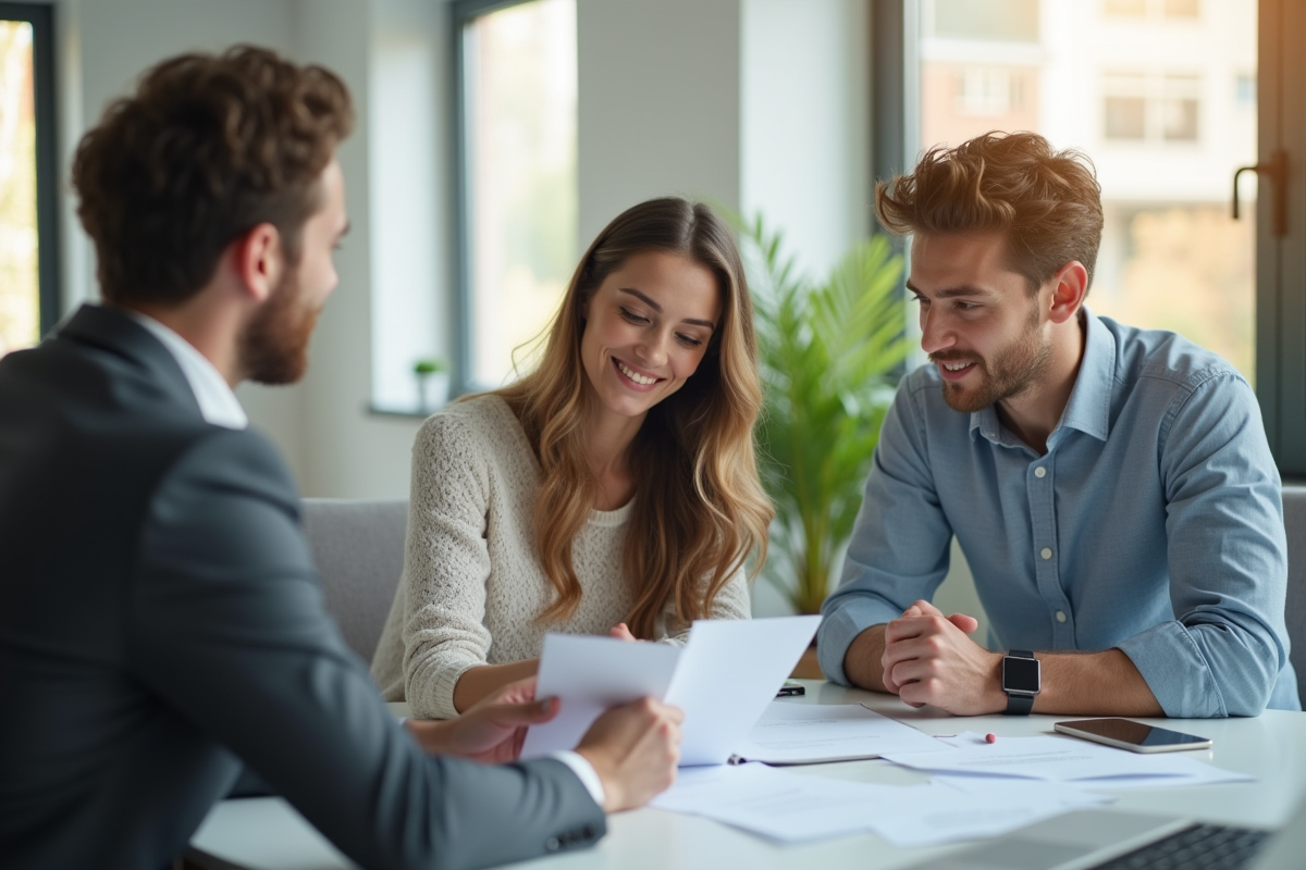 Jeune couple rencontrant un conseiller immobilier dans un bureau lumineux
