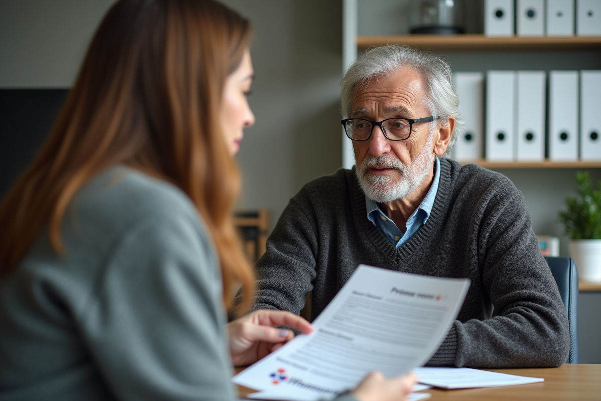 Homme retraité rencontrant une assistante sociale dans un bureau