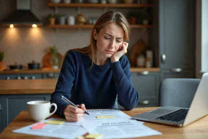 Femme consultant des documents de résiliation d'assurance avec une expression préoccupée à une table de cuisine