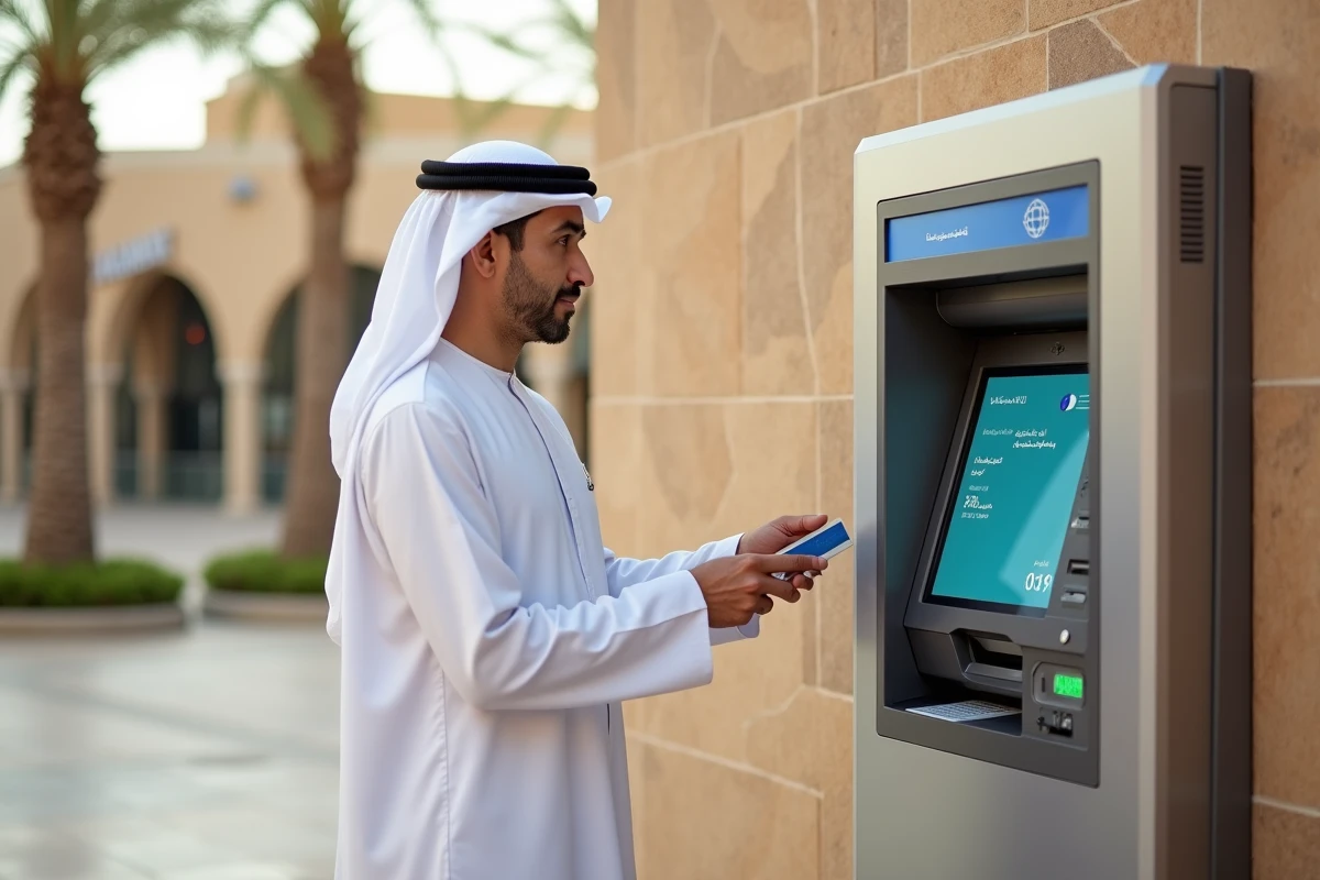 Homme en kandura retirant des dirhams &agrave; un distributeur automatique &agrave; Abu Dhabi, &Eacute;mirats arabes unis