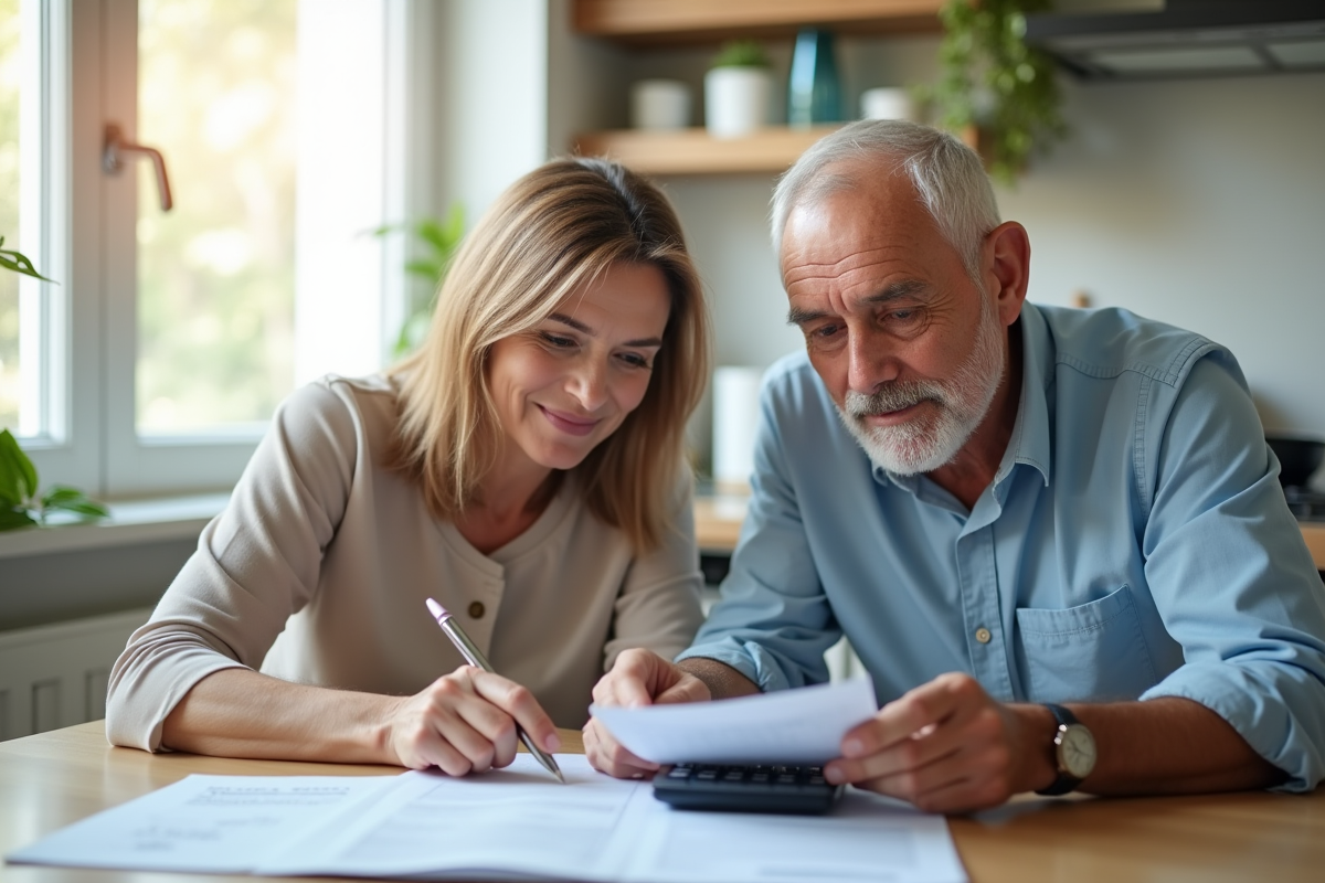 Couple mature examinant documents de retraite à la cuisine