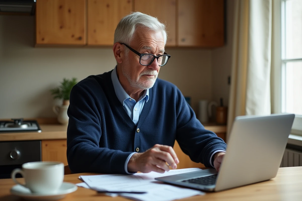 Retraité consultant ses documents de retraite et calculs de CSG sur ordinateur portable à domicile