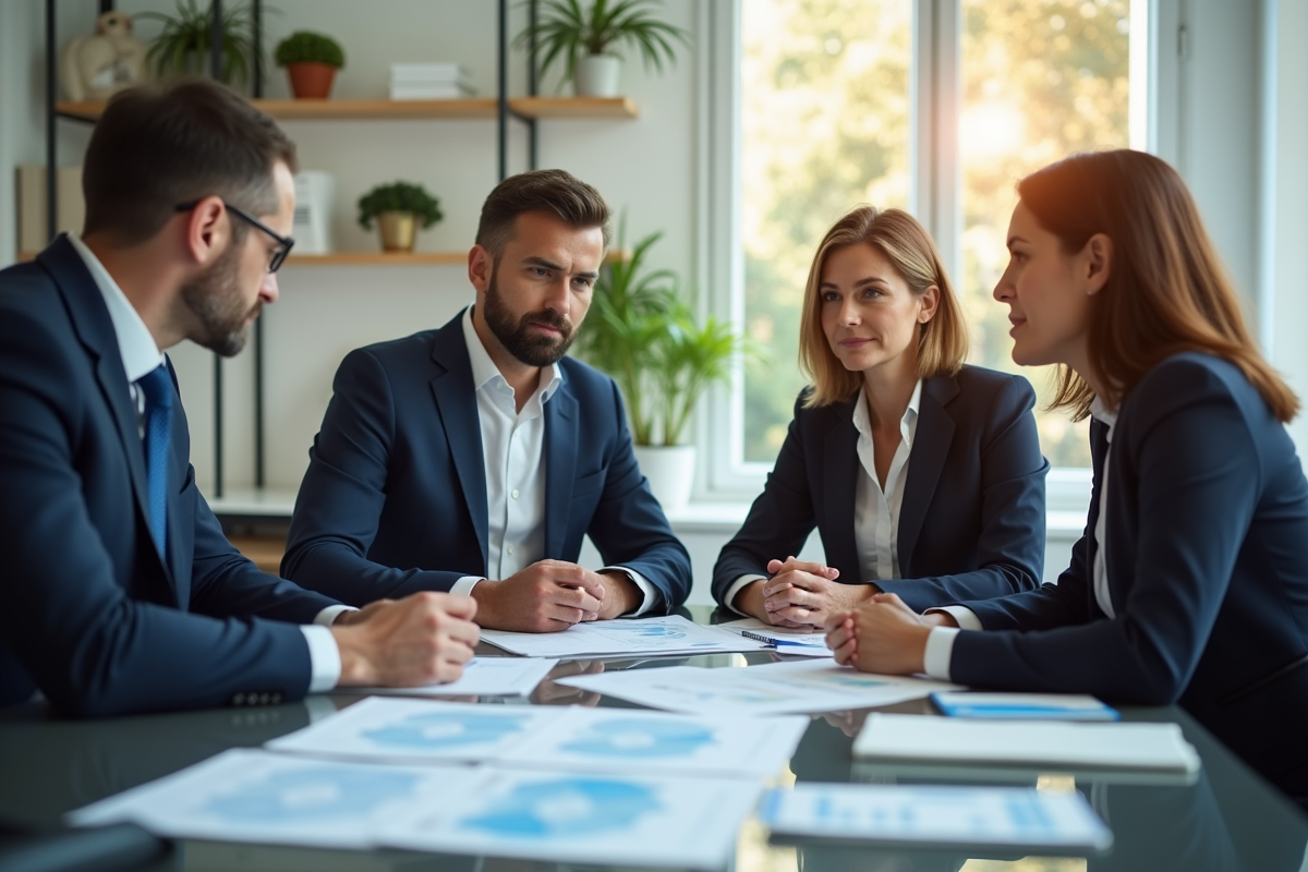 Groupe de clients écoutant un conseiller financier dans un bureau lumineux