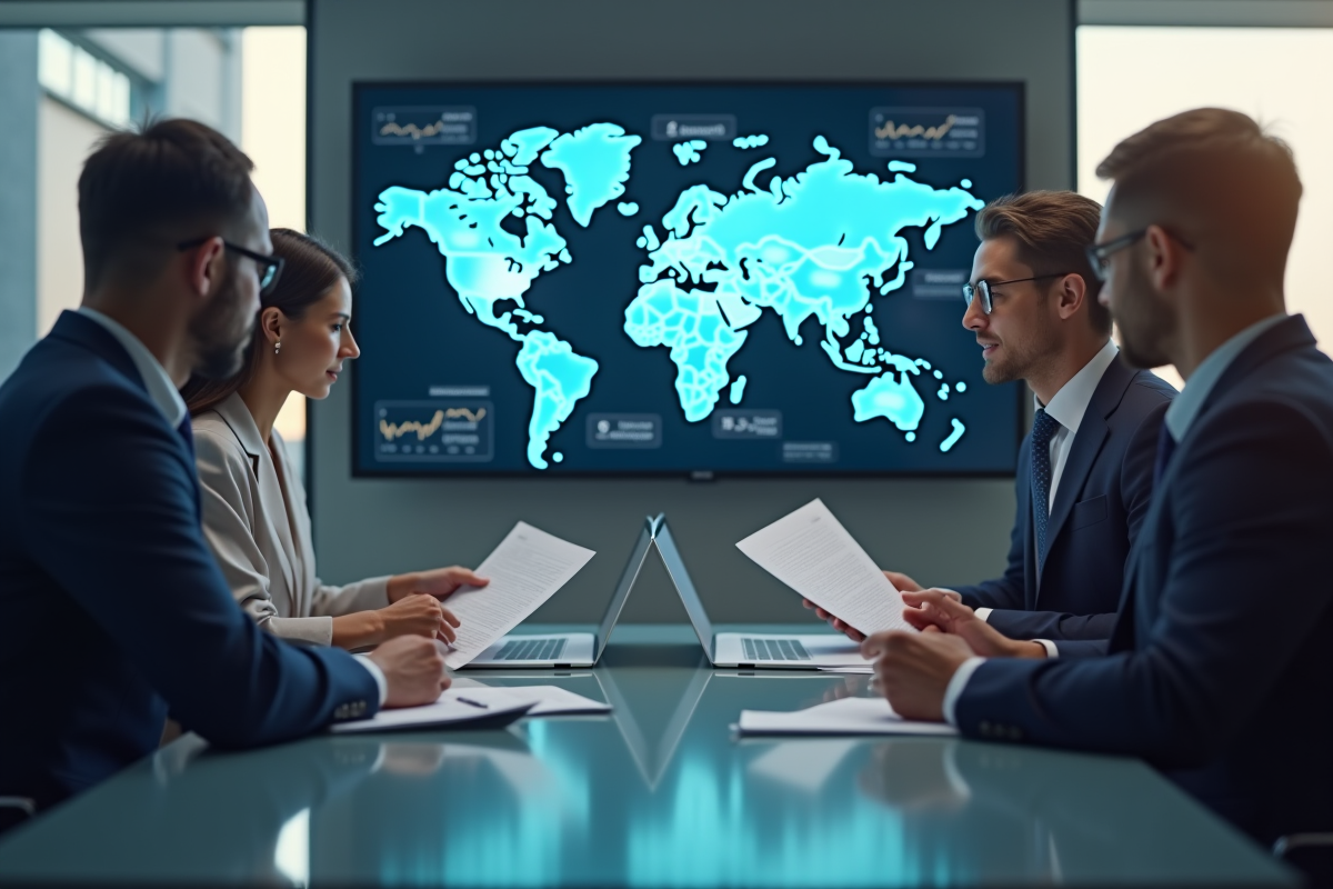 Professionnels en réunion financière avec carte mondiale et documents