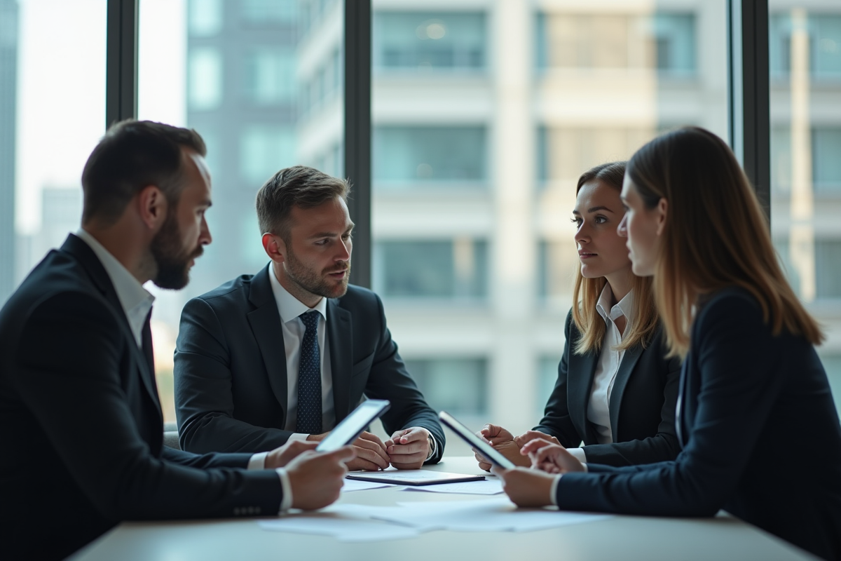 Groupe de professionnels discutant des lois dans un bureau lumineux