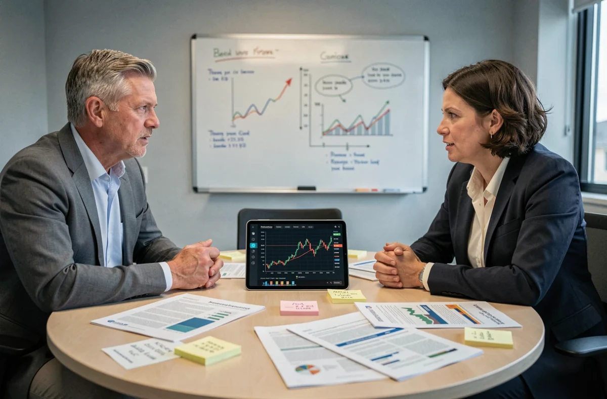 Deux professionnels discutant d'une stratégie d'investissement autour d'un tableau de bord financier en salle de réunion