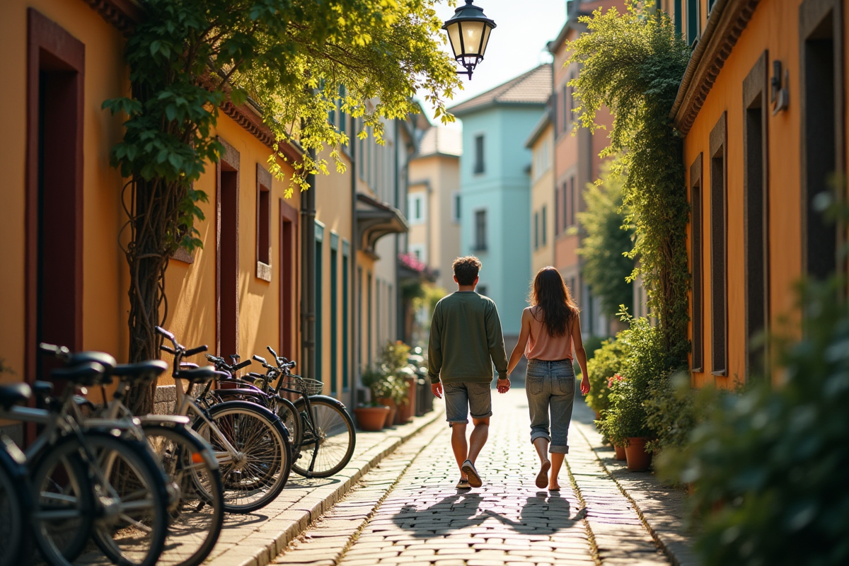 Petite rue européenne colorée avec couple main dans la main
