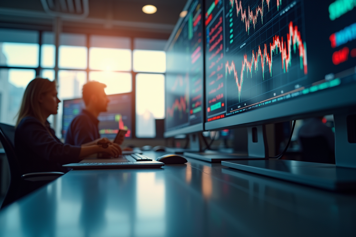 Salle de trading moderne à Paris avec graphiques financiers
