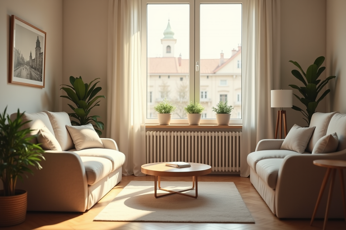 Salon cosy avec grande fenêtre et plantes naturelles
