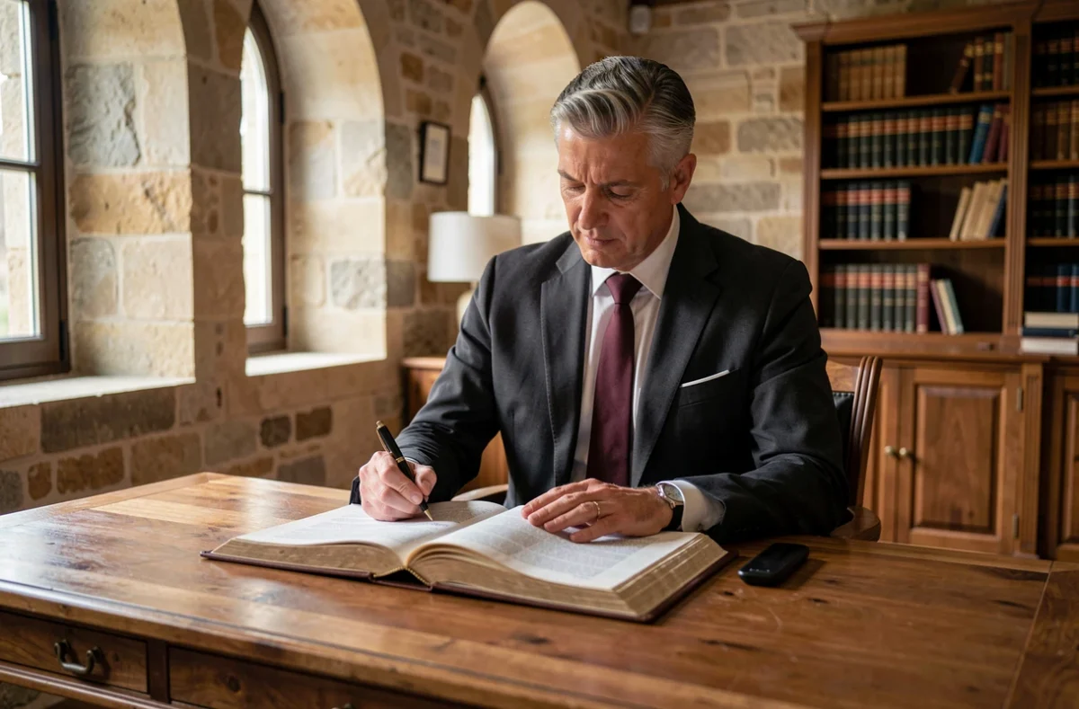 Notaire de la Selarl Pasquier, Leclercq et Arizzoli consultant un ouvrage juridique dans un bureau historique