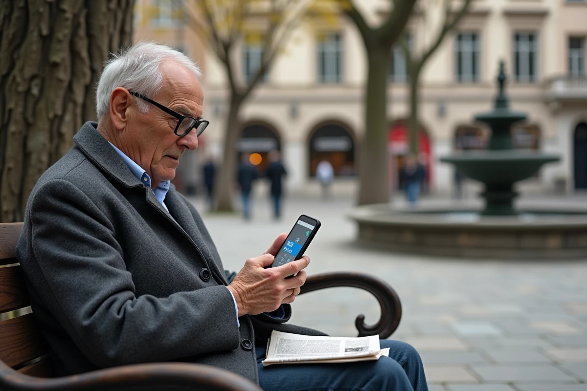 Homme senior consultant une application de localisation de distributeur de billets sur smartphone dans une place de ville