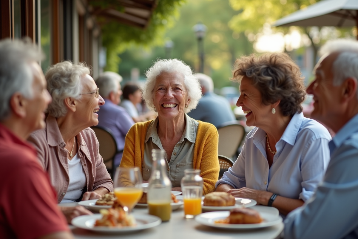 Groupe de seniors souriants à un café en plein air