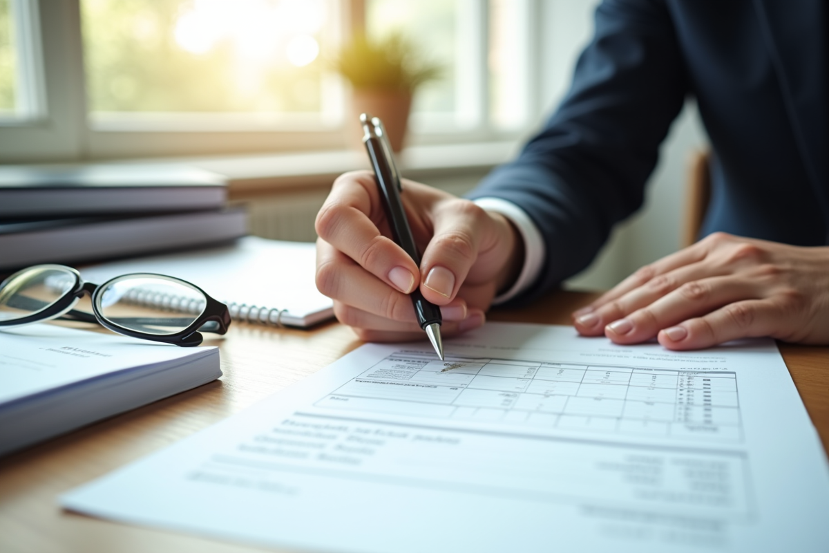 Main d'une personne signant un formulaire de retrait dans un bureau lumineux