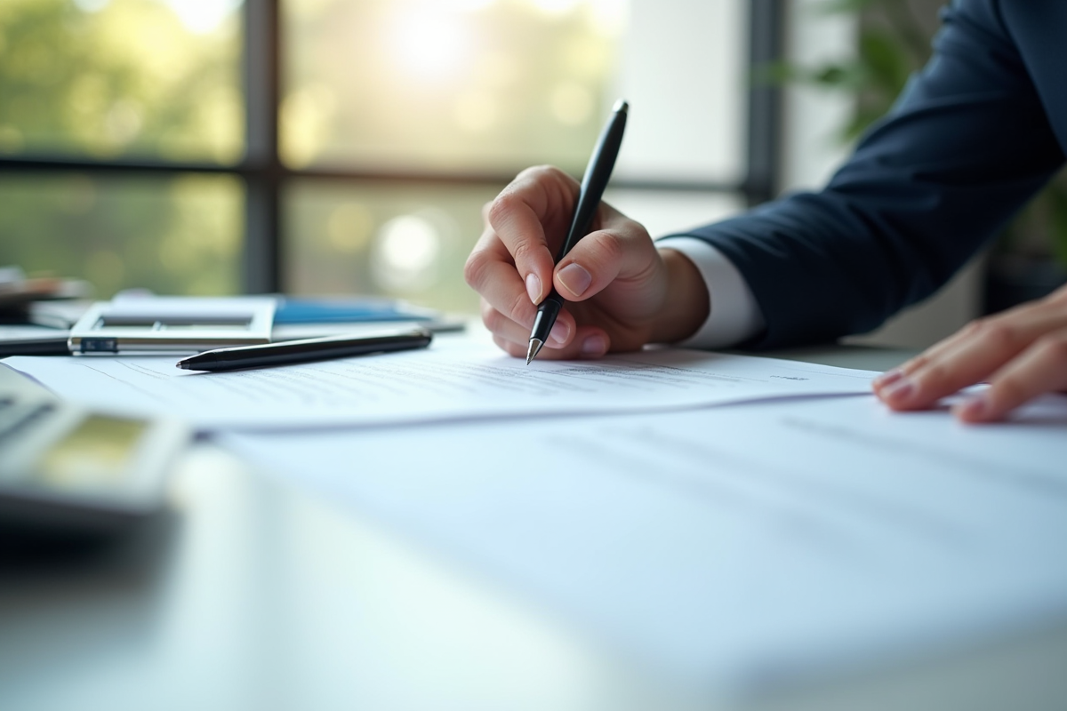 Main signant des documents officiels sur un bureau organisé