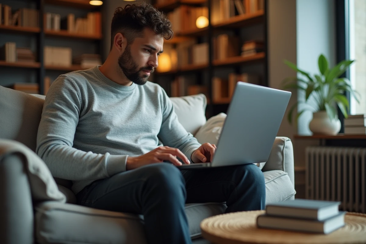 Jeune homme utilisant un simulateur en ligne pour estimer son solde tout compte après une démission en CDI