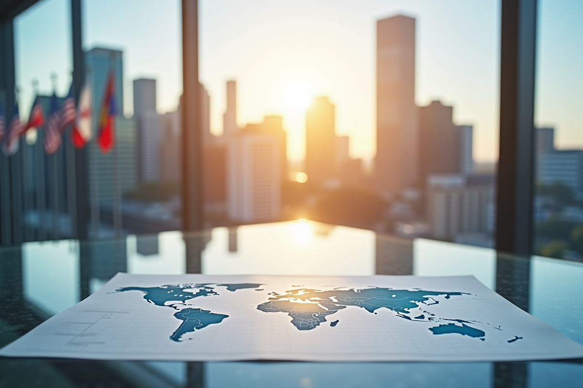 Vue densemble du skyline financier mondial avec drapeaux et graphiques