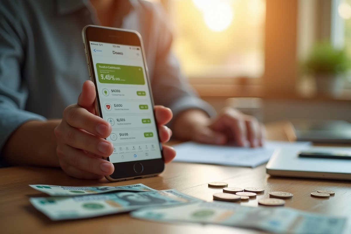 Main tenant un smartphone avec une application cashback et argent sur un bureau
