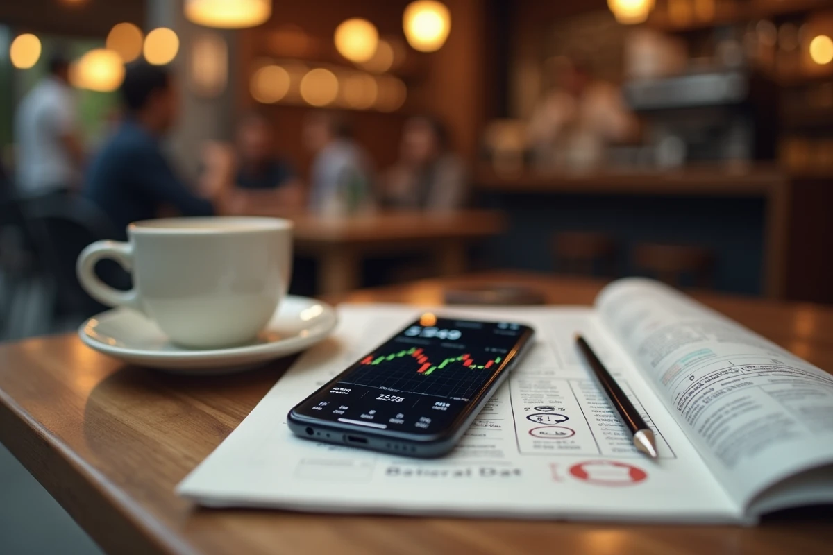 Smartphone affichant la cotation en temps réel d'ArcelorMittal posé sur une table de café avec des notes financières manuscrites