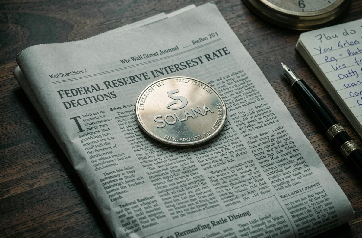 Pièce Solana posée sur un journal financier évoquant les annonces de la Fed et la baisse des cryptomonnaies