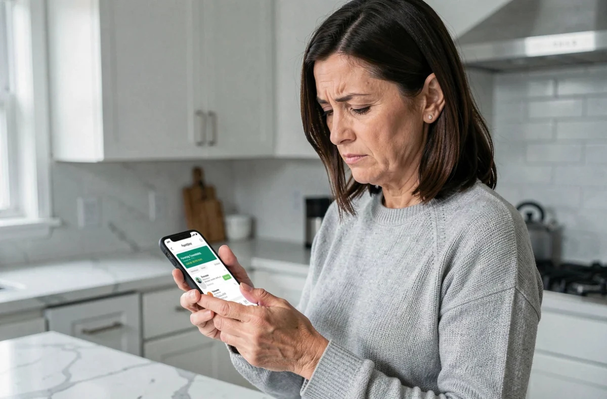 Femme consultant son application bancaire pour suivre un virement FDJ Ptitclic en retard