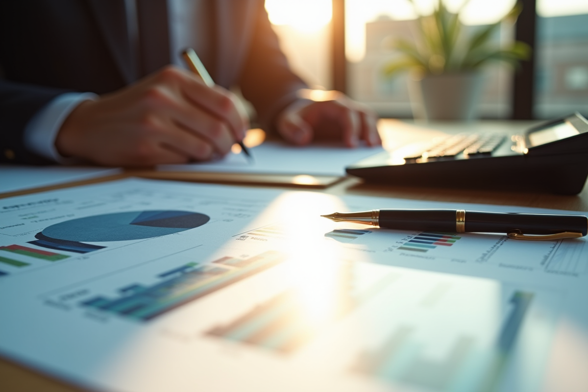 Détail de graphiques financiers et stylo sur bureau en bois