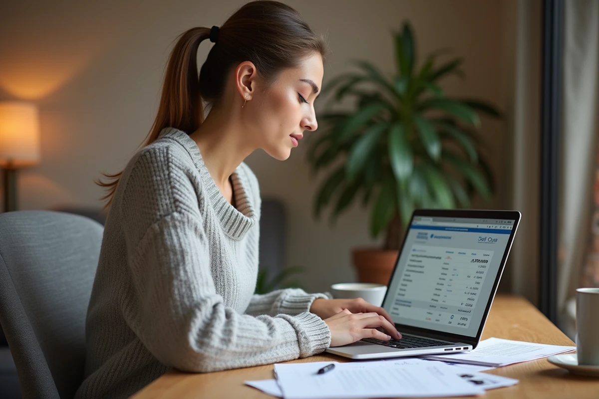 Femme consultant son espace client Crédit Agricole sur un ordinateur portable pour télécharger un relevé de compte en PDF