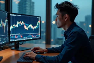 Trader day trading sur les marchés boursiers asiatiques devant plusieurs écrans d'analyse financière tôt le matin