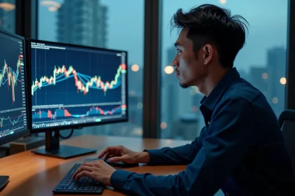 Trader day trading sur les marchés boursiers asiatiques devant plusieurs écrans d'analyse financière tôt le matin