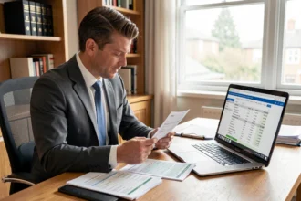 Trésorière comparant des relevés de frais bancaires à son bureau