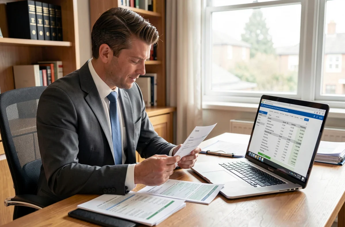 Trésorière comparant des relevés de frais bancaires à son bureau