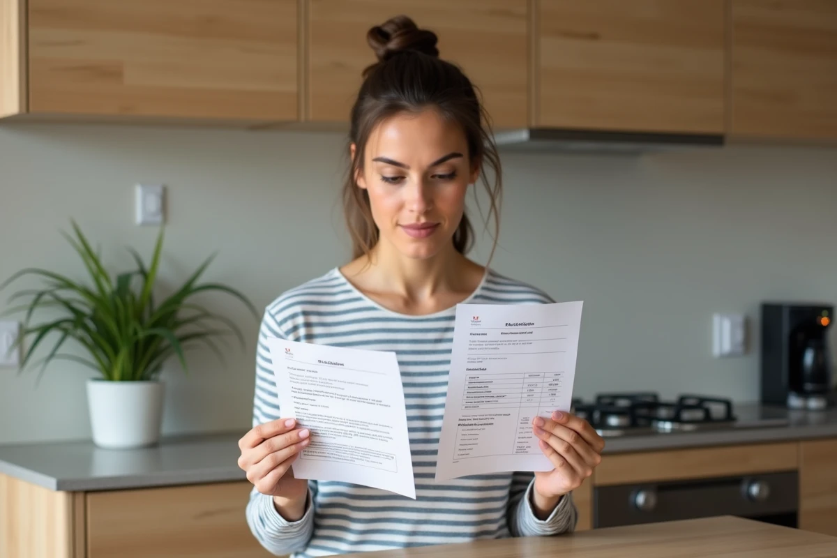 Jeune femme comparant un avis de paiement CAF et un relevé bancaire pour vérifier un virement
