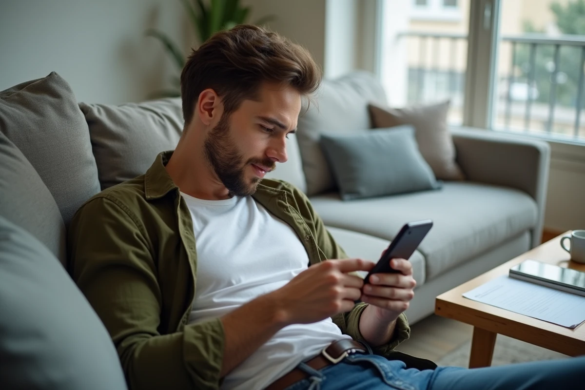 Jeune homme actualisant sa situation Pôle Emploi depuis son smartphone à la maison