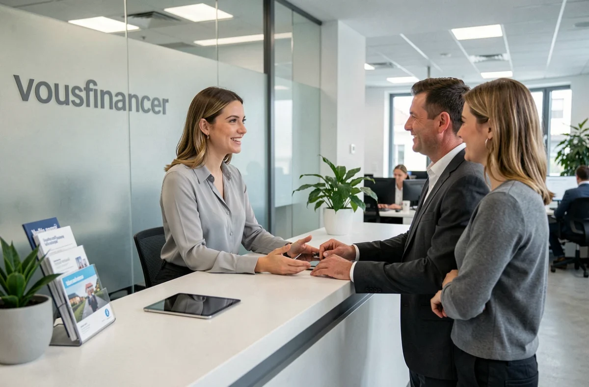 Conseillère de l'agence Vousfinancer à Strasbourg accueillant des clients dans une agence moderne de courtage en crédit