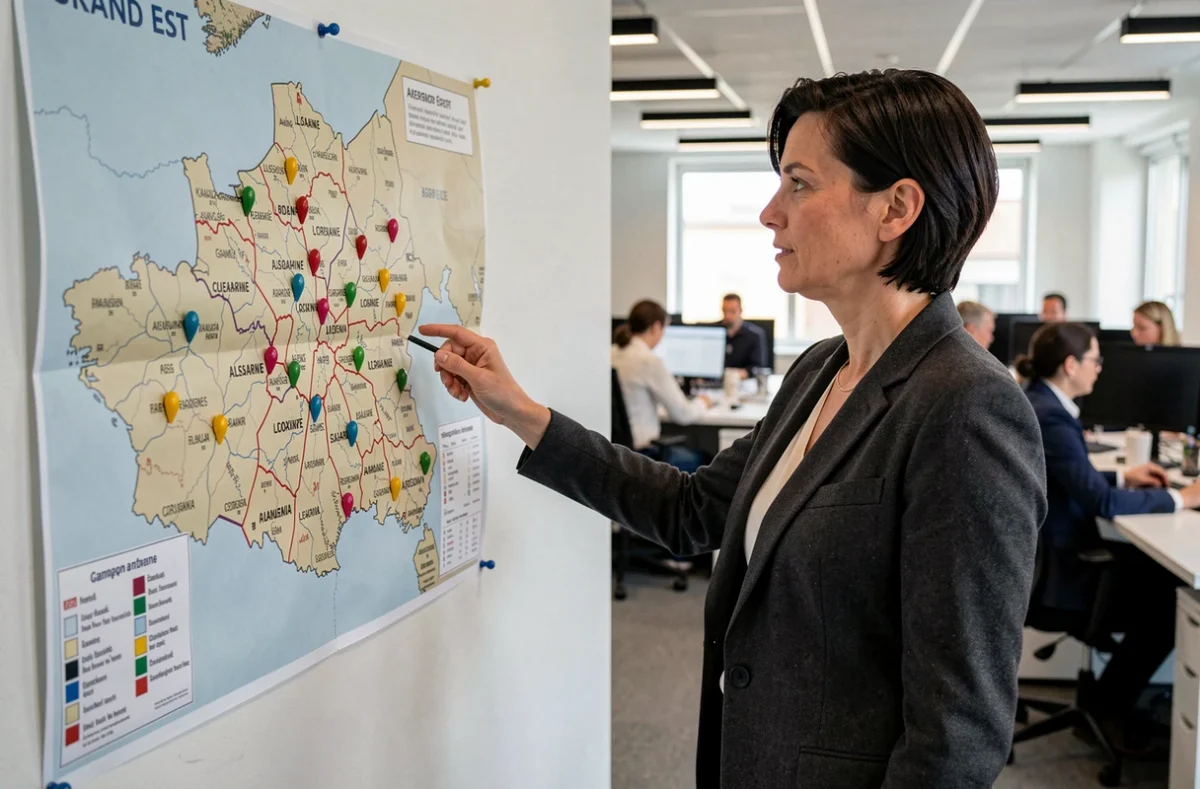 Conseillère du courtier Ymanci indiquant le maillage territorial du Grand Est sur une carte régionale dans un bureau professionnel